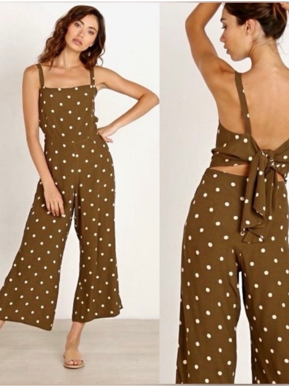 Faithfull the Brand Olive Green Polka Dot Tie-Back Wide-Leg Jumpsuit